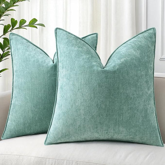 decorUhome Couch Throw Pillow Covers 24x24 Set of 2, Decorative Soft Euro Neutral Chenille Pillow Covers with Elegant Design for Sofa Bed Living Room Home Decor, Aqua Haze