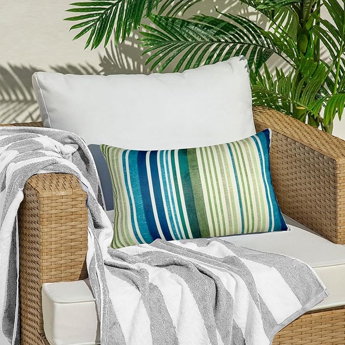 Pack of 2 12x20 Outdoor Pillows, Waterproof Throw Pillows with Inserts, Decorative Lumbar Pillows for Patio, Garden, Couch, Furniture, Sofa, Bed, Living Room(Stripe Blue Green)