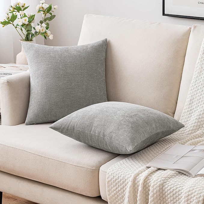 MIULEE Pack of 2 Light Grey Decorative Pillow Covers 18x18 Inch Soft Chenille Couch Throw Pillows Farmhouse Cushion Covers for Home Decor Sofa Bedroom Living Room