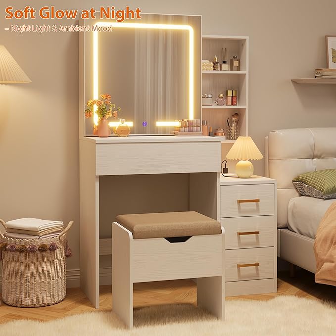 Senfot White Vanity Desk with Sliding Mirror and Lights, Modern Makeup Vanity Table with 4 Drawers and 7 Storage Shelves, Dressing Table with Stool and Charging Station, 3 Lighting Modes, for Bedroom