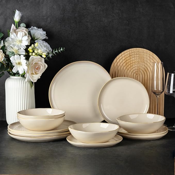 AmorArc Ceramic Dinnerware Sets,Handmade Reactive Glaze Stoneware Plates and Bowls Sets,Highly Scratch Resistant | Dishwasher & Microwave Safe Dishes Set,Service for 4 (12pc)