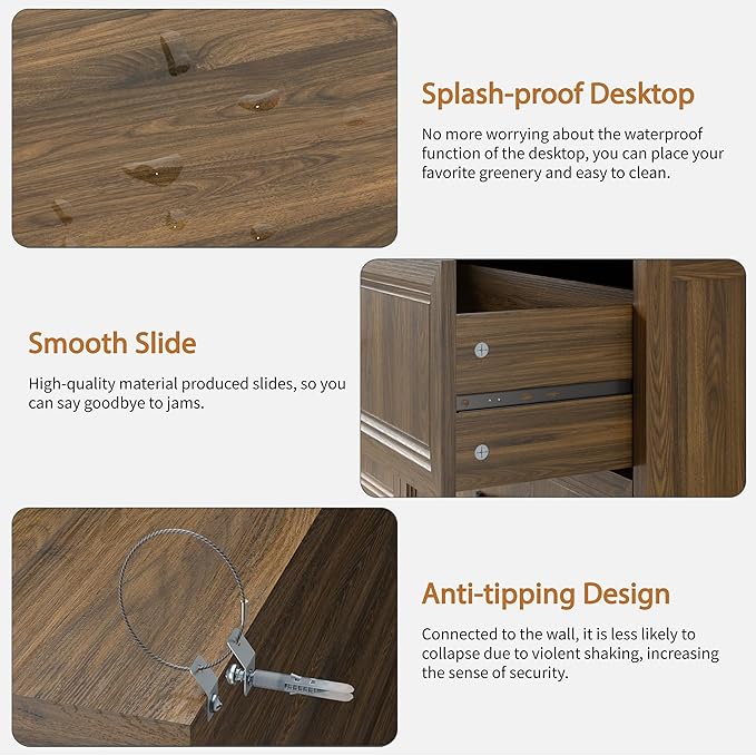 Farmhouse Dresser and Nightstand Sets 3 Piece, Nightstands Set of 2 & 8 Drawers Dresser for Bedroom, 55" Wide and 24" Inch Night Stand Set for Bedroom, Living Room, Hallway, Brown