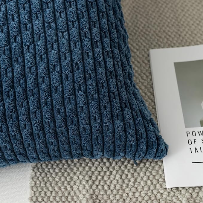 Kevin Textile Pack of 2 Blue Corduroy Decorative Throw Pillow Covers 16x16 Inch Soft Boho Striped Pillow Covers Modern Farmhouse Home Decor for Autumn Sofa Living Room Couch Bed