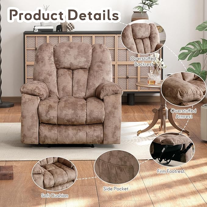 Phoenix Home Manual Recliner Chair for Adults with Massage and Heat, Overstuffed Fabric Reclining Chair, Oversized Recliners with 2 Cup Holders and Side Pockets for Living Room, Bedroom, Brown