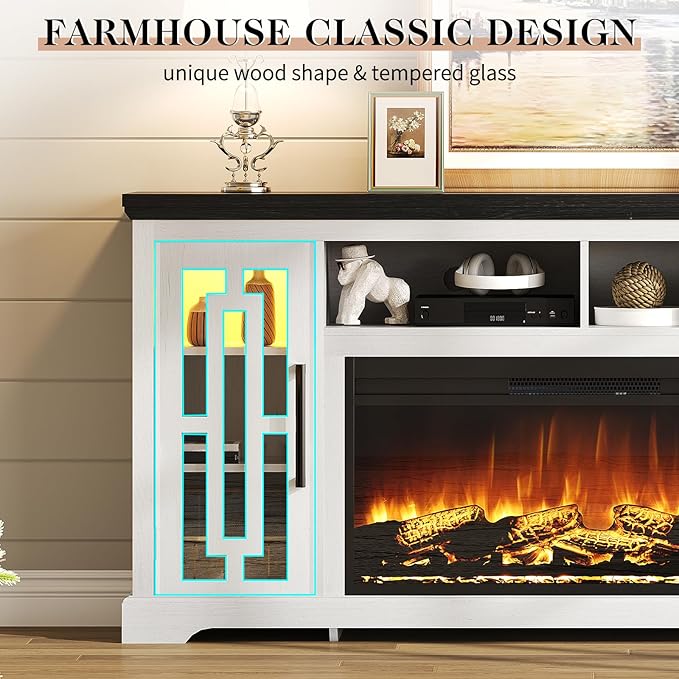 70" Farmhouse Large Fireplace TV Stand for 80 Inch TV, LED Media Entertainment Center with 37" Fireplace, Rustic TV Console Storage Cabinet with Adjustable Shelf for Living Room, Antique White