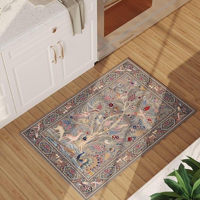 Indoor Door Mat 2x3 Rug Vibrant Tree of Life-Patterned Vintage Machine Washable Small Area Rug Non-Slip Low Pile Throw Rugs for Entryway Kitchen Front Door Entrance Entry Kids Room, Grey