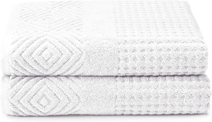 Texere 100% Organic Cotton Diamond Jacquard 700 GSM Luxury Bath Towel Sets - Ultra Soft and Absorbent Hotel and Spa Quality (Diamond, Bright White, 2 Bath Towels)