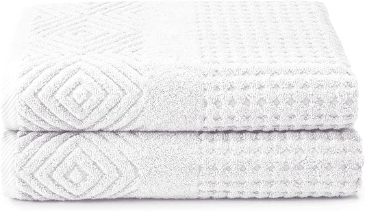 Texere 100% Organic Cotton Diamond Jacquard 700 GSM Luxury Bath Towel Sets - Ultra Soft and Absorbent Hotel and Spa Quality (Diamond, Bright White, 2 Bath Towels)