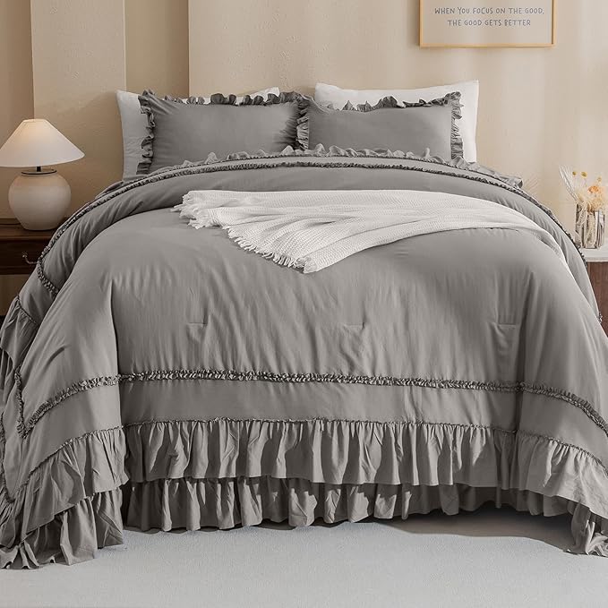 QSH Grey Oversized King Comforter Set 120x120, Farmhouse Ruffled Bed Comforter Gray French Country Rustic Vintage Comforter Microfiber Soft Lightweight Fluffy Shabby Bedding 3 PCs