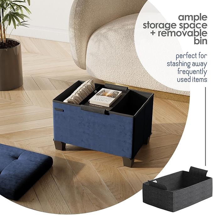 STORAGEBUD Storage Ottoman Cube with Small Bin, 16-in Square Ottoman with Storage for Living Room and Bedroom, Small Ottomans Foot Rest, Velvet Foot Stools Ottomans Max 330lbs, Blue