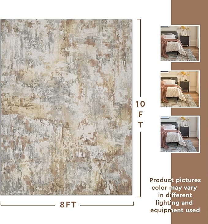 tchdio Area Rug 8x10 Rugs for Living Room- Abstract Soft Living Room Rug-Non Slip Carpet- Washable Rug for Bedroom Dining Room Home Office Modern Rugs Light Grey/Brown/Beige