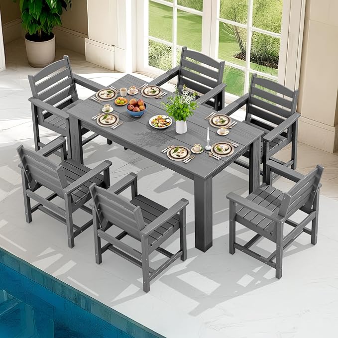 SERWALL Patio Dining Set for 6, Outdoor Dining Sets for 6 Person with 1 Umbrella Hole Cut-Out Rectangular Table and 6 Chairs, HDPE Dining Sets for Garden, Backyard, Poolside, Gray