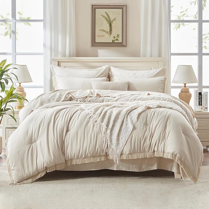 Andency Beige Comforter Set King Size with Sheets -7 Pieces Boho Tassel Bed in a Bag Soft Lightweight Bedding Sets, All Season Fringe Bed Set with Comforter, Sheets, Pillowcases & Shams