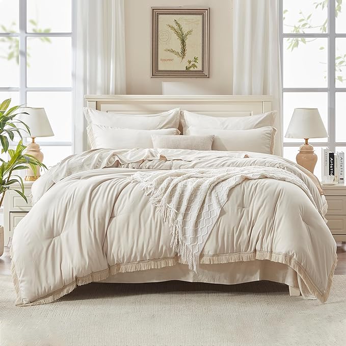 Andency Beige Comforter Set Full Size with Sheets -7 Pieces Boho Tassel Bed in a Bag Soft Lightweight Bedding Sets, All Season Fringe Bed Set with Comforter, Sheets, Pillowcases & Shams
