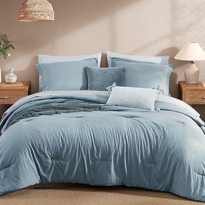 Monbix Queen Comforter Set - 7 Pieces Dusty Blue Prewashed Bed in a Bag Queen Bedding Sets with Comforters, All Seasons Down Alternative Comforter Bed Set with Sheets,Pillowcases & Shams