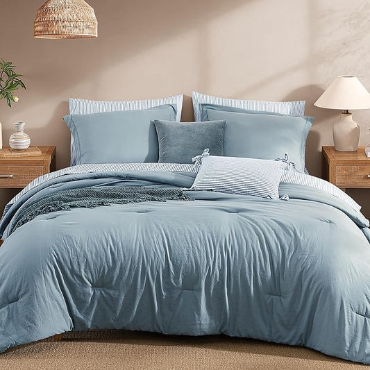 Monbix King Size Comforter Set - 7 Pieces Dusty Blue Prewashed Bed in a Bag King Bedding Sets with Comforters, All Seasons Down Alternative Comforter Bed Set with Sheets,Pillowcases & Shams