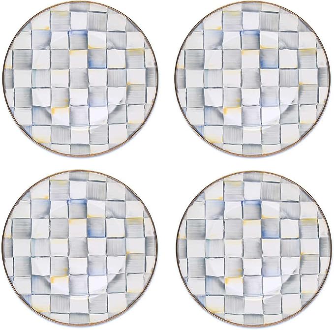 MACKENZIE-CHILDS Enamel Dinner Plate, Decorative Dinnerware Plate, 10 Inches, Set of 4, Gray-and-White Sterling Check