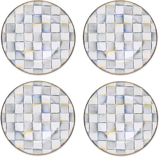 MACKENZIE-CHILDS Enamel Dinner Plate, Decorative Dinnerware Plate, 10 Inches, Set of 4, Gray-and-White Sterling Check