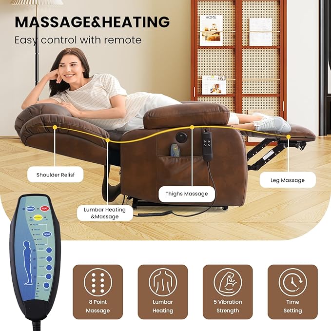 TEKAMON Power Lift Recliner Chair for Elderly with Heat & Massage, Dual Motor Breathable Leather Recliner, Lay Flat Sleeping Chairs with Infinite Position, RemoteControl & USB Ports(Ochre)