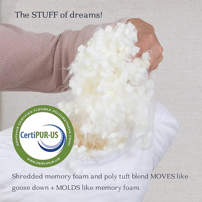 DreamyBlue Signature Pillow w/Adjustable Loft • Shredded Memory Foam Fill • Neutral Alignment for Side, Back, and Stomach Sleepers • Washable Bamboo Rayon Cover • CertiPUR-US Certified Foam (Queen)