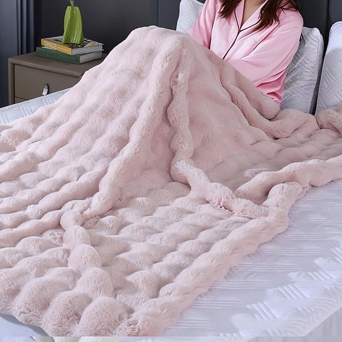 Pink Fluffy Faux Fur Throw Blanket for Bed Couch Living Room Fuzzy Bubble Cozy 50x60 Decorative Throw Blanket Rabbit Fur Bunny Blanket Girls Home Decor 860 GSM