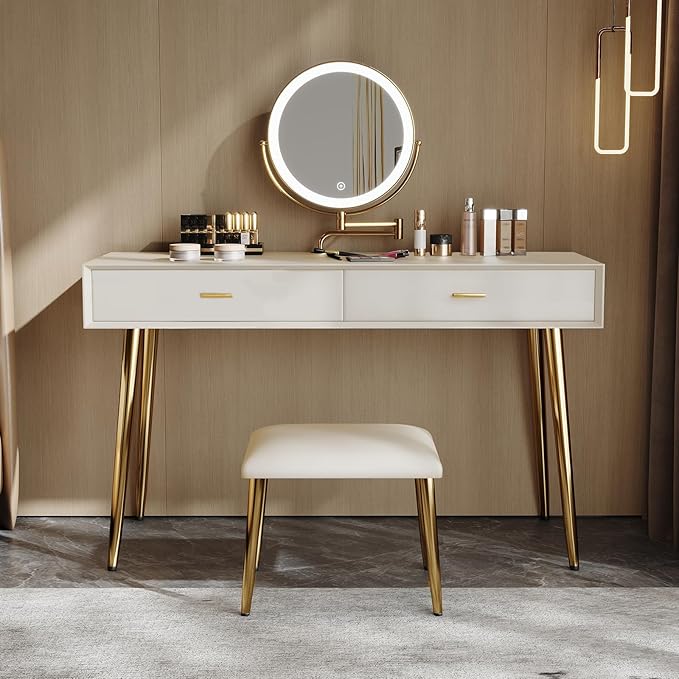 IKuinen Makeup Vanity Desk with Mirror and Lights, Small Vanity Table with 2 Drawers, Stool, Vanity Set for Bedroom with Leather, 3 Lighting Modes - 47.2In Beige