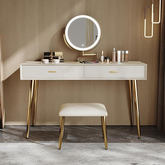IKuinen Makeup Vanity Desk with Mirror and Lights, Small Vanity Table with 2 Drawers, Stool, Vanity Set for Bedroom with Leather, 3 Lighting Modes - 47.2In Beige