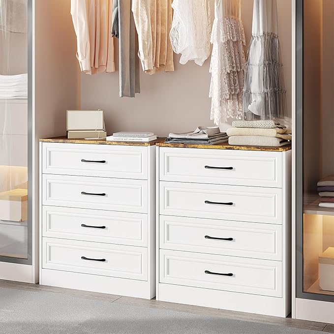 Fameill Dresser for Bedroom, 4 Drawer Small Dresser Organizer with Charging Station for Livingroom, Chest of Drawers with Metal Handles, Farmhouse White