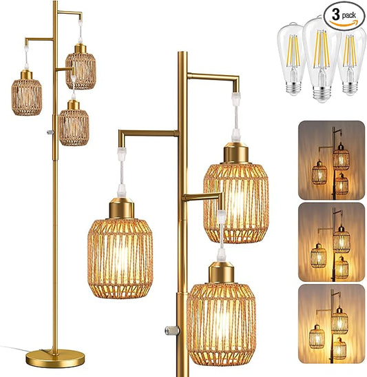 ROTTOGOON Dimmable Boho Floor Lamp - 3 Light Farmhouse Rattan Floor Lamp for Living Room, Industrial Tree Floor Lamps with 3 X 6W LED Bulbs, Rustic Standing Tall Lamp for Bedroom, 68", Gold