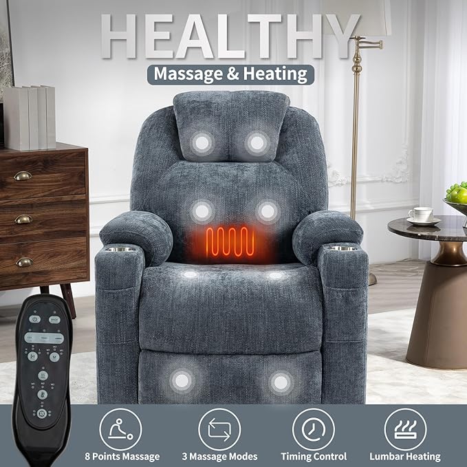 Power Lift Chair with Massage & Heat, Electric Recliner Chairs for Adults, Remote Control, Sofa for Living Room, Standing Assistance, USB Ports, Stainless Steel Cup Holders (Chenille Blue)