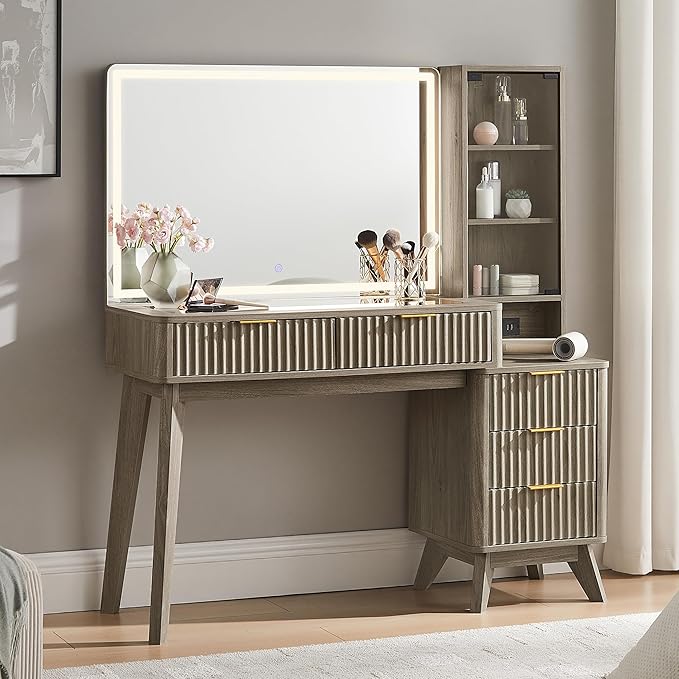 T4TREAM 48" Fluted Makeup Vanity Desk with Large 36" Mirror and Lights, Modern Glass Top Big Vanity Table w/5 Drawers & Adjustable Shelves, Dressing Table w/Charging Station for Bedroom, Grey Alder