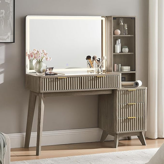 T4TREAM 48" Fluted Makeup Vanity Desk with Large 36" Mirror and Lights, Modern Glass Top Big Vanity Table w/5 Drawers & Adjustable Shelves, Dressing Table w/Charging Station for Bedroom, Grey Alder