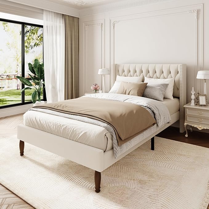 Full Size Velvet Upholstered Bed Frame, 49.2" Tall Wingback Headboard, Deep Button Tufted, No Box Spring Needed, Solid Wood Legs, White
