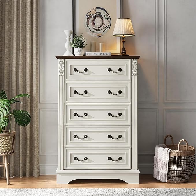 BLANKSPACE Farmhouse Dresser with 5 Drawers, Chest of Drawers for Bedroom, Hallway, Living Room, or Office Organization （Antique White）