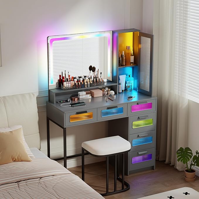 Vanity Desk with Mirror and RGB Lights, Makeup Vanity Desk with Wireless Charging Station,Large Dressing Table Set with Stool,LED Vanity Table with 6 Drawers/Cabinet/Shelves for Bedroom, Grey