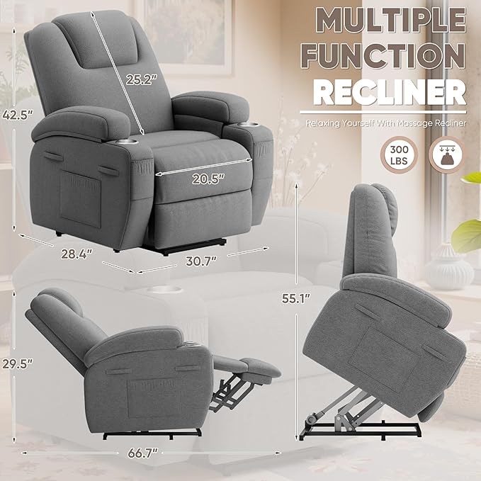 Power Lift Recliner Chair with Massage Electric Lift Chair for Elderly, Ergonomic Recliner with Cup Holders & Side Pockets, Modern Single Sofa for Living Room (Fabric, Grey)