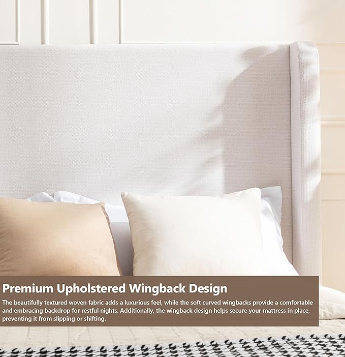 King Size Upholstered Bed Frame with 54" Tall Wingback Headboard, Chenille Fabric, Sturdy Metal and Wood Support, Solid Wood Feet, Box Spring Required (Ivory White Chenille, King)