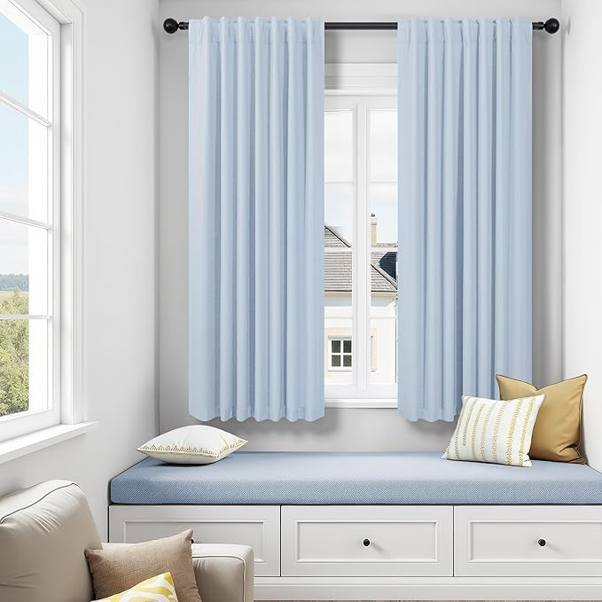 Baby Blue Nursery Blackout Curtains for Nursery 54 Inch Length 2 Panels Kawaii Short Light Blocking Room Darkening Heavy Cotton Linen Textured Black Out Curtain for Kids Bedroom Girls Noise Cancelling