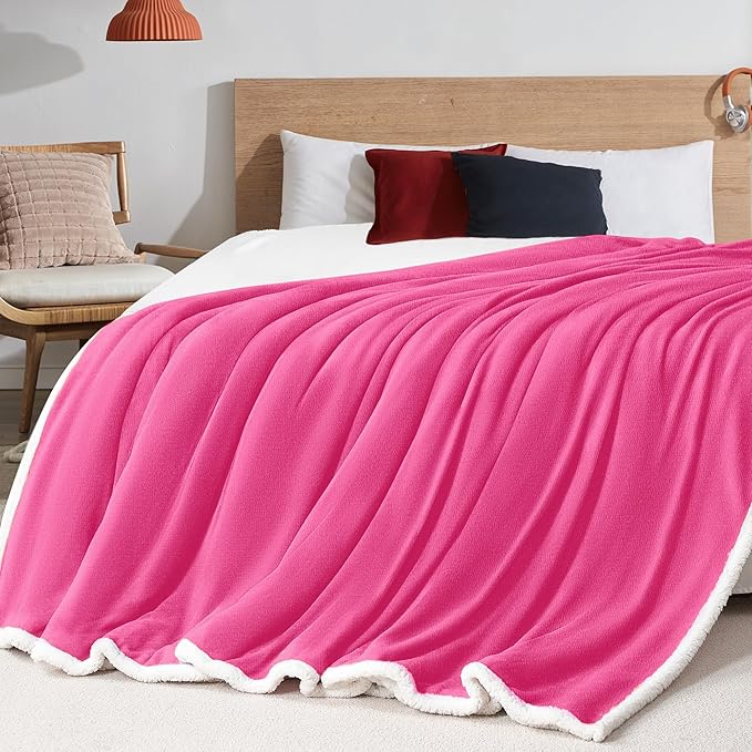 BEAUTEX Sherpa Fleece Throw Blankets, Soft Fluffy Flannel Plush Blanket and Throw, Fuzzy Cozy Pink Cuddle Blankets for Couch Bed Sofa Adults (50" x 60", Pink)