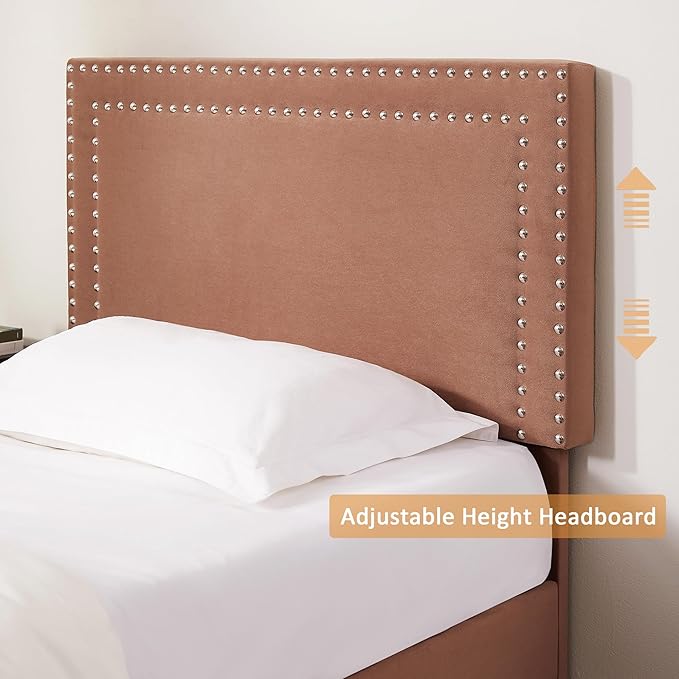 VECELO Platform Bed Frame Twin Size with Adjustable Upholstered Headboard, Strong Wood Slat Support, No Box Spring Needed, Easy Assembly