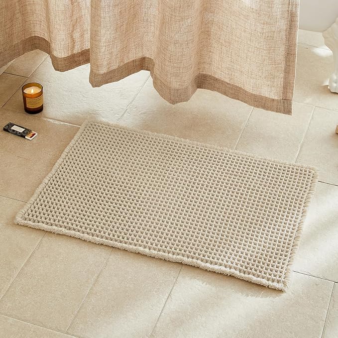 Pale Beige Bathroom Rug, Waffle Bath Mat Non Slip Washable Super Absorbent Quick Dry Boho Farmhouse Bathroom Decor, 30''x20'' Pale Beige