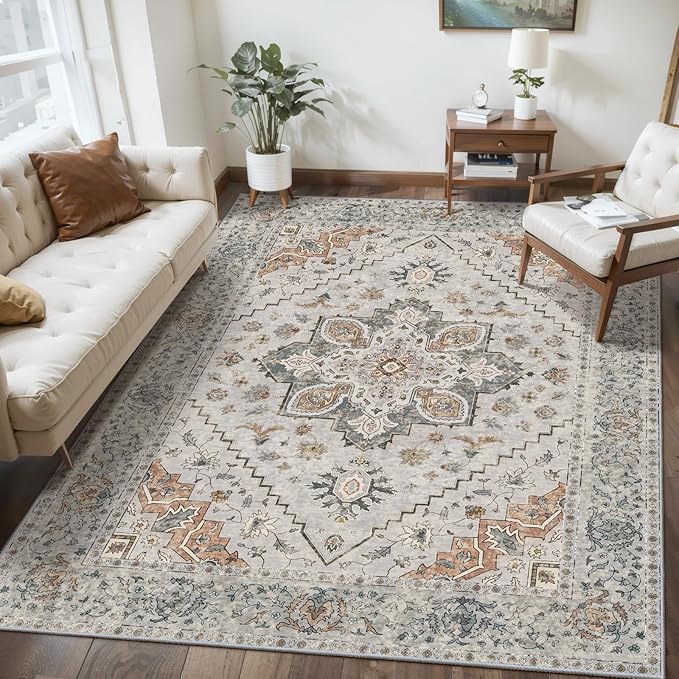 Tangsoo 3x5 Bedroom Rug, Washable Vintage Indoor, Area Rug Non Slip Accent Rug, Print Distressed Taupe Carpet, Soft Low Pile for Living Room Dorm Bedroom Bedside Entryway Bathroom