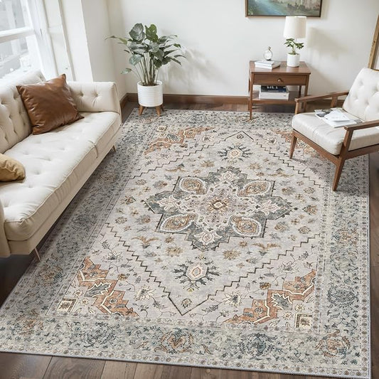 Tangsoo 3x5 Bedroom Rug, Washable Vintage Indoor, Area Rug Non Slip Accent Rug, Print Distressed Taupe Carpet, Soft Low Pile for Living Room Dorm Bedroom Bedside Entryway Bathroom