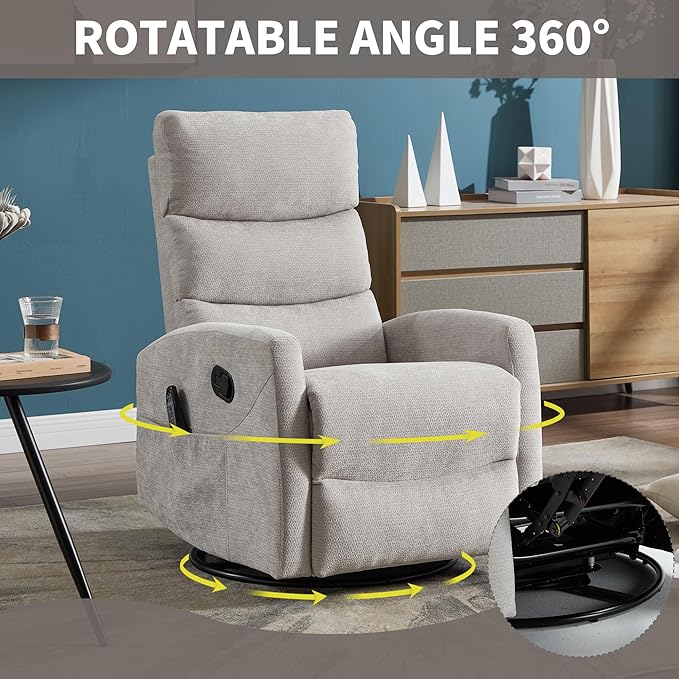 PELUMY Massage Recliner Chair with Heat - Manual Rocker Swivel Recliner, 360° Rotation & 155° Recline for Living Room（Linen Fabric, Beige）