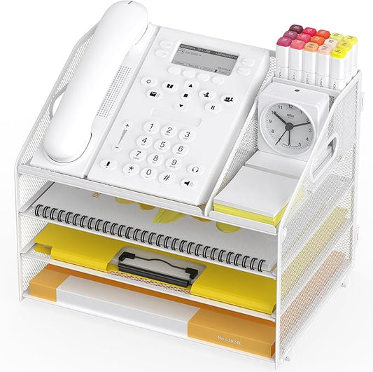 Letter Tray Paper, 4 Tier Desk Organizer with Pen Holder and Handle, Mesh File Organizer Paper Sorter Metal Desktop Document Shelf for Office Home Classroom - White