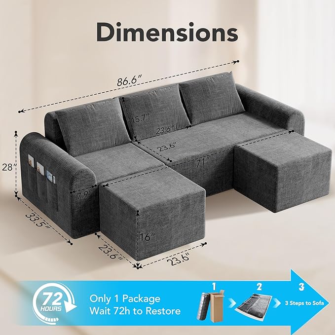 Cloud Sectional Couch with 2 Ottomans & 3 Pillows, Boneless Couches for Living Room, U Shaped Sectional Sofa Deep Seat Comfy Couch for Small Spaces, No Assembly Required, 72h to Restore