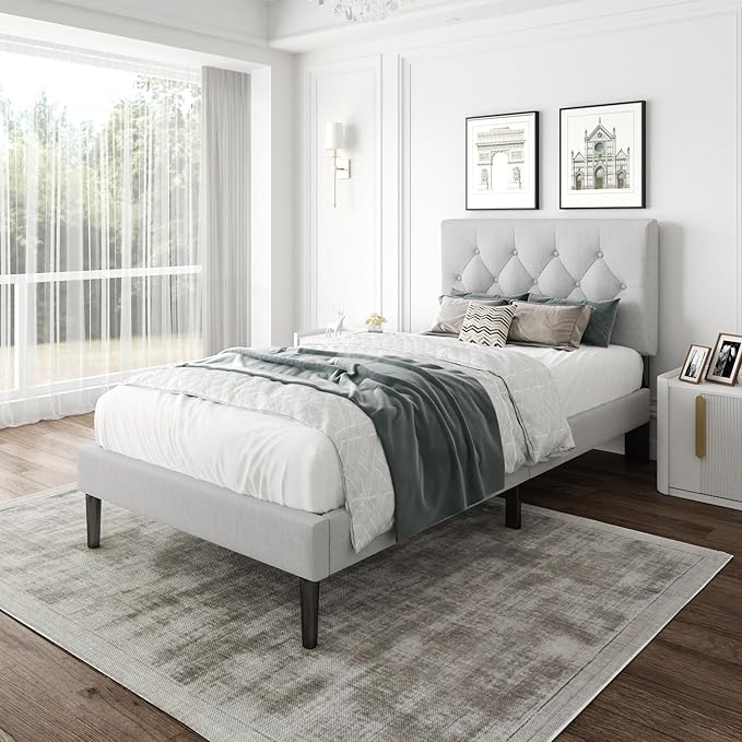 Twin Size Platform Bed Frame with Upholstered Headboard, Button Tufted Design, Strong Wooden Slats, No Box Spring Needed, Easy Assembly, Noise Free