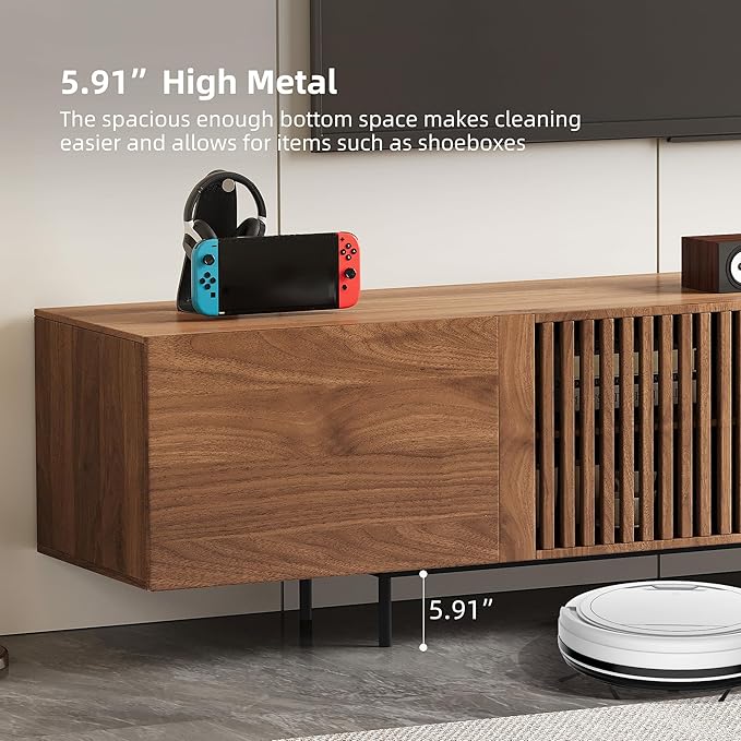 Modern Walnut TV Console for 70 Inch Screen – Long 94.48” Media Unit with Grille Doors and Storage Cabinets, Great for Living Rooms & Bedrooms