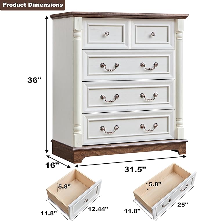 Farmhouse 5 Drawer Dresser with Roman Column Design, 36" Tall Chest of Drawers, Wood Storgae Cabinet Organizer for Bedroom, Hallway, Antique White
