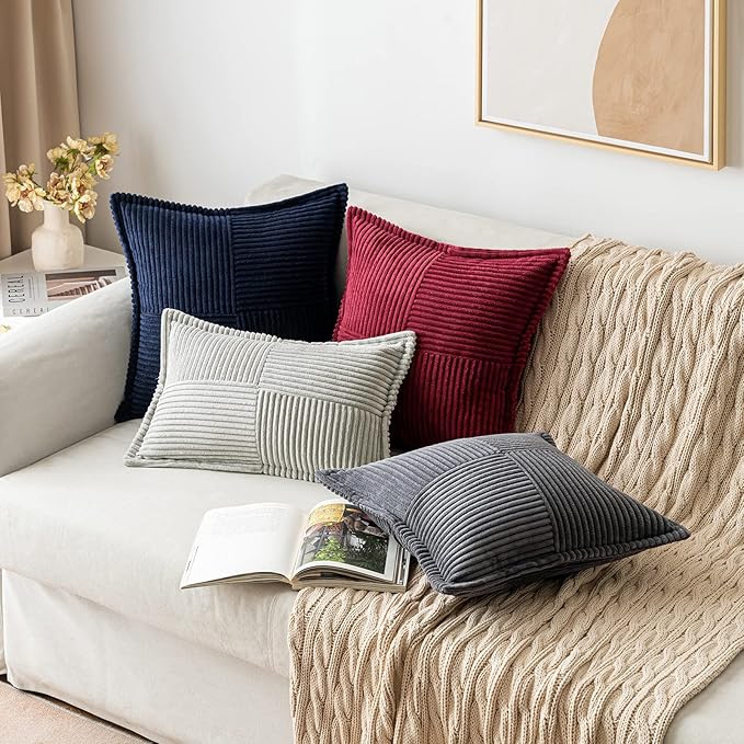 MIULEE Decorative Throw Pillow Covers for Couch Bed Livingroom 18x18 Inch Set of 2 Dark Grey Boho Accent Throw Pllows Broadside Striped Patchwork Soft Corduroy Pillowcases